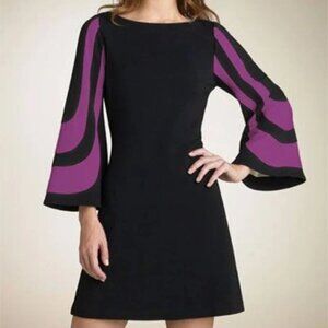 Trina Turk Mini Dress Black Purple Size 4 Hijinx Bell Sleeve